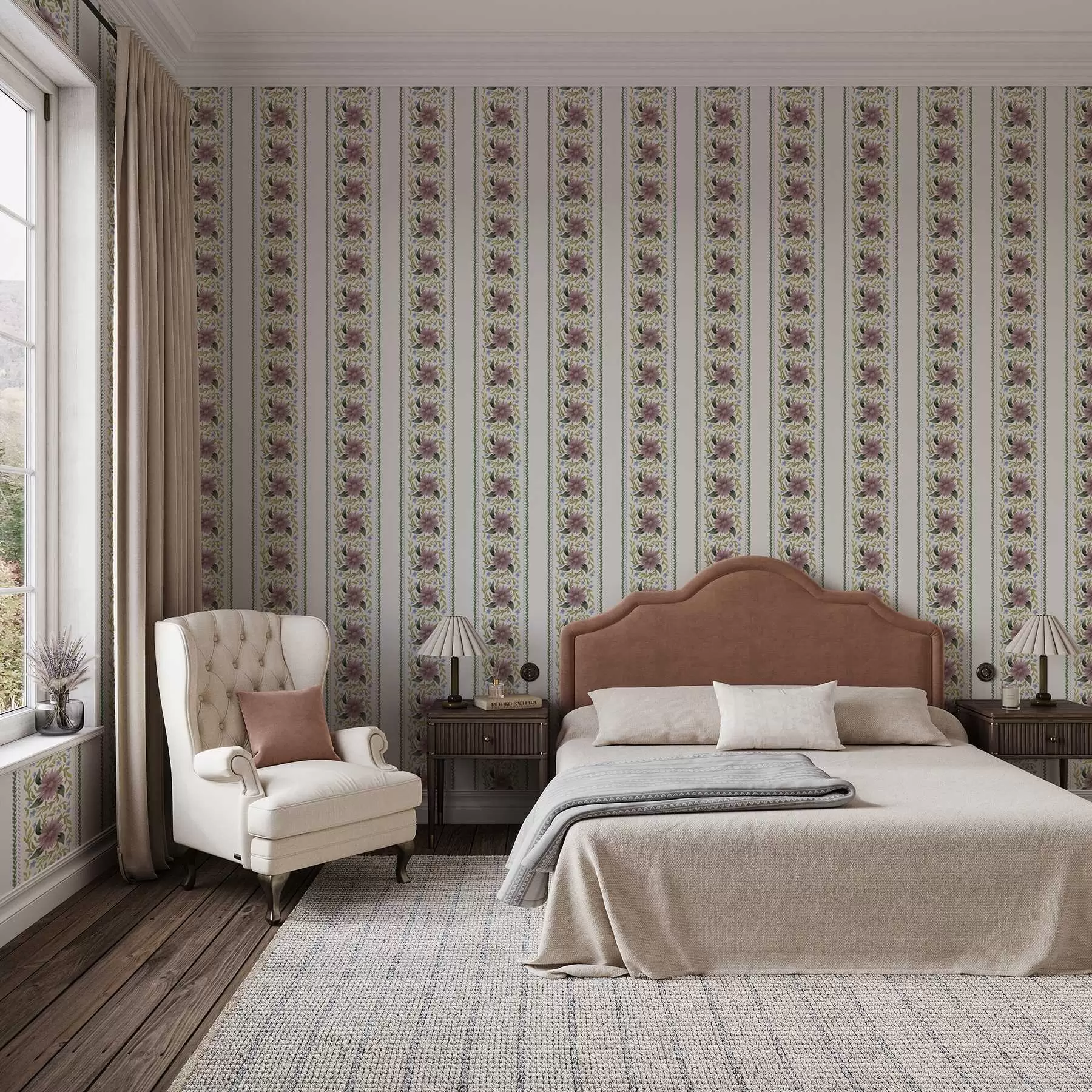 carta da parati Righe floreali verticali nei toni del lilla-blu nr. a00809
