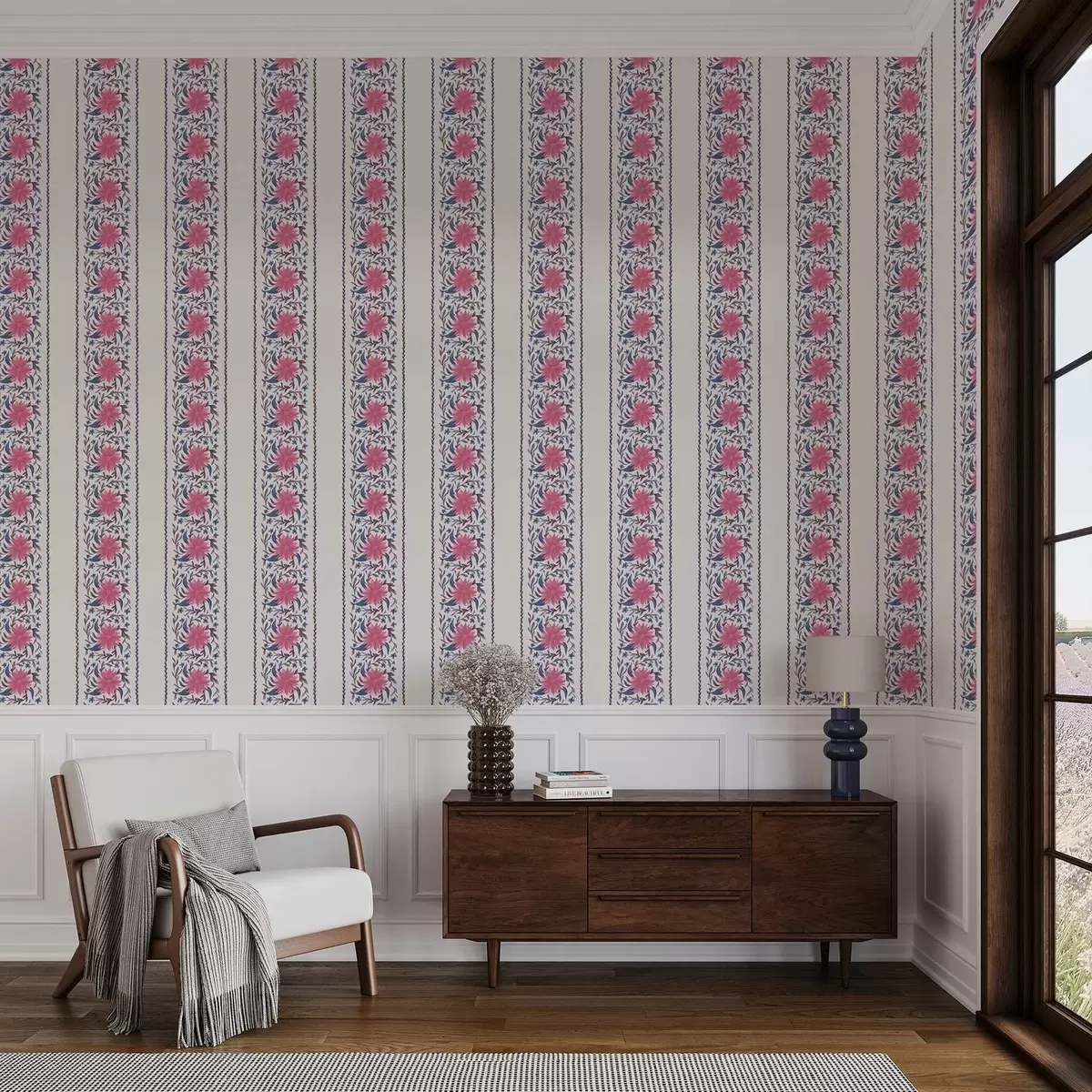 Carta da parati Righe floreali verticali nei toni del rosa-viola a00810
