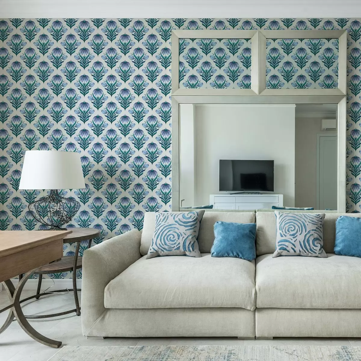 Carta da parati Ornamento floreale simmetrico nei toni del blu e del bianco a00812v2