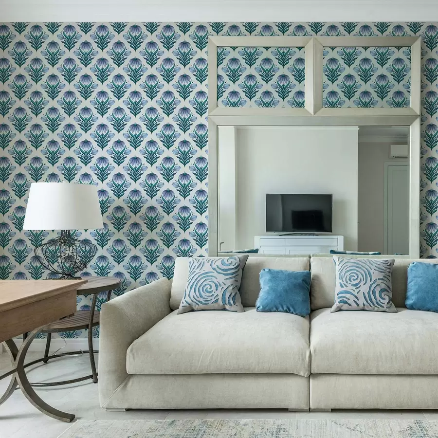 carta da parati Ornamento floreale simmetrico nei toni del blu e del bianco nr. a00812v2