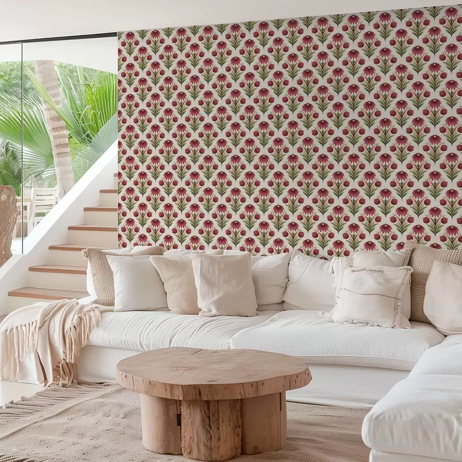 carta da parati Ornamento floreale simmetrico nei ricchi toni del rosso e del verde nr. a00812v4