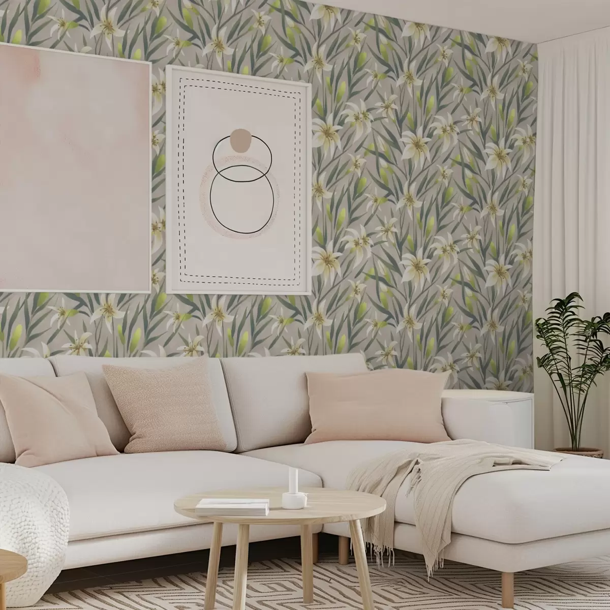 Carta da parati Gigli color crema con foglie su sfondo grigio-beige a00837