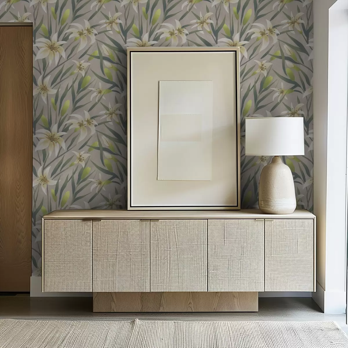 Carta da parati Gigli color crema con foglie su sfondo grigio-beige a00837