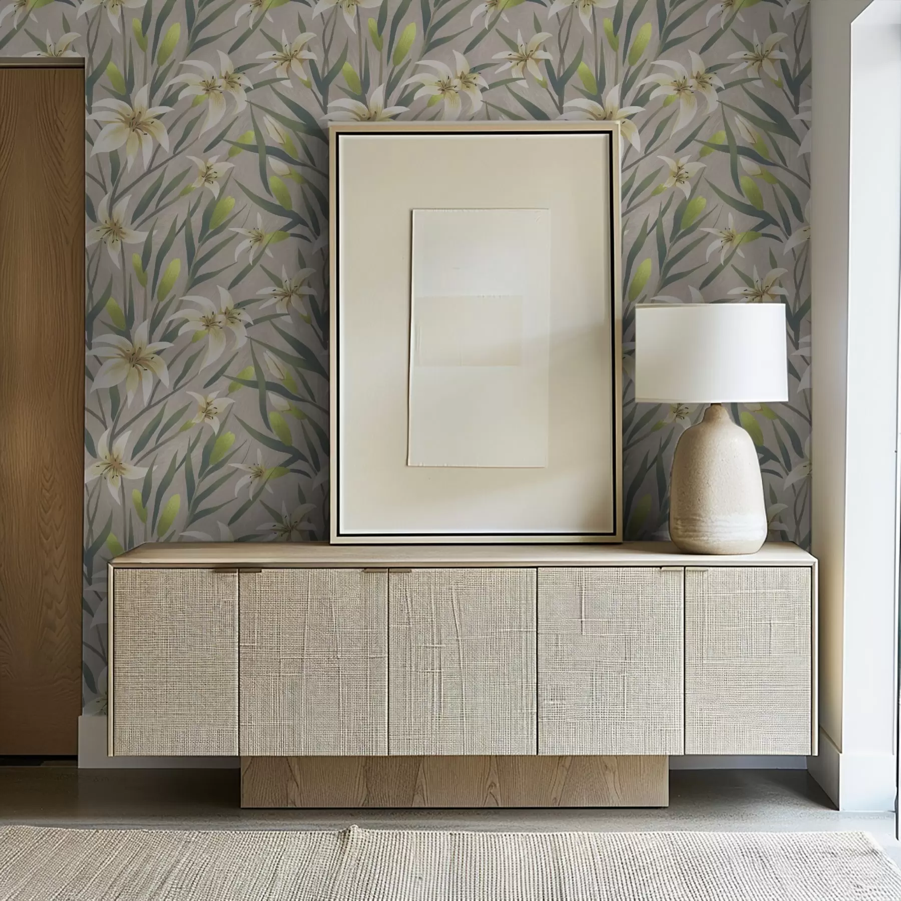 carta da parati Gigli color crema con foglie su sfondo grigio-beige nr. a00837