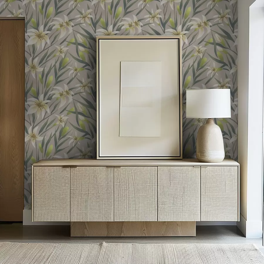 carta da parati Gigli color crema con foglie su sfondo grigio-beige nr. a00837