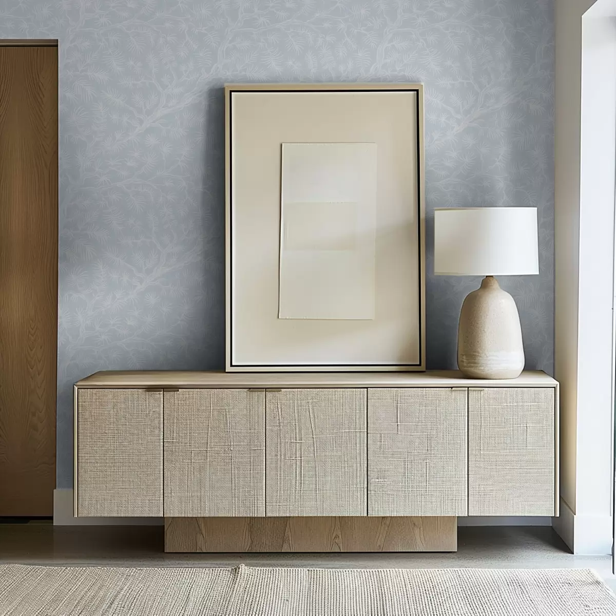 Carta da parati Rami di pino in tonalità chiare su sfondo blu a00838