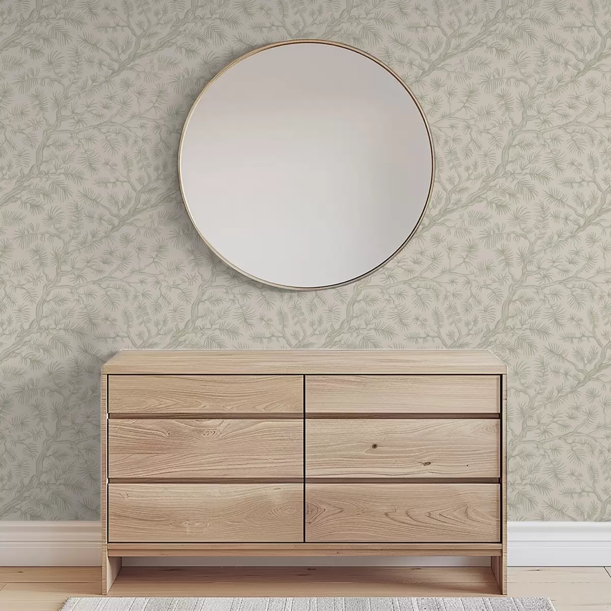 Carta da parati Rami di pino in tonalità verde chiaro su sfondo beige a00838v1