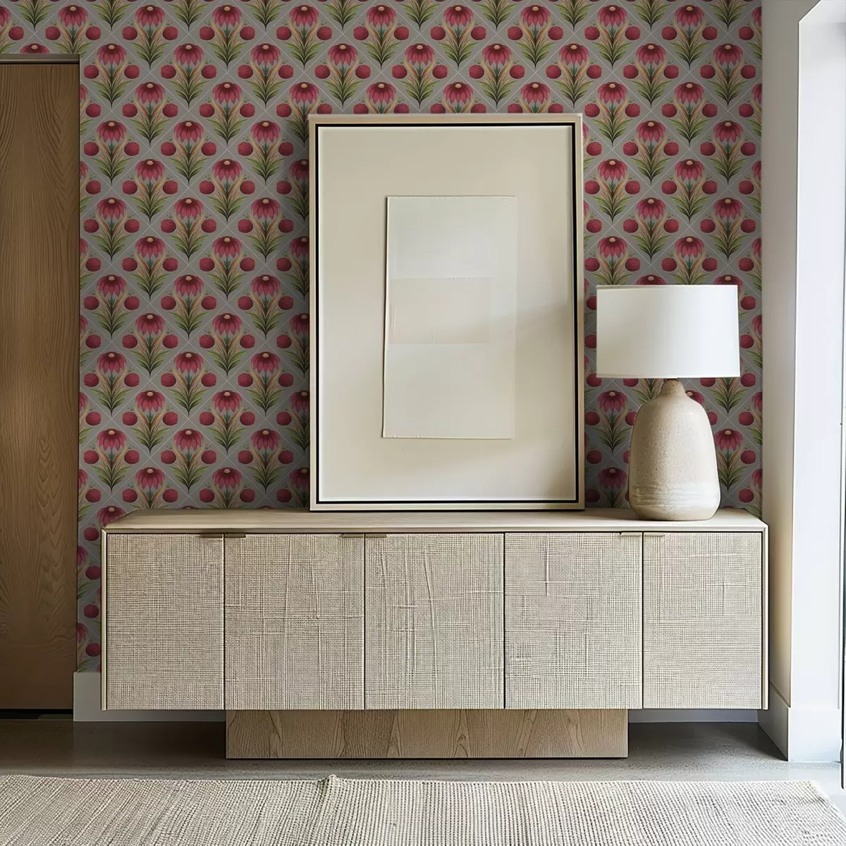 Carta da parati Ornamento floreale simmetrico su sfondo grigio con diagonali a00869