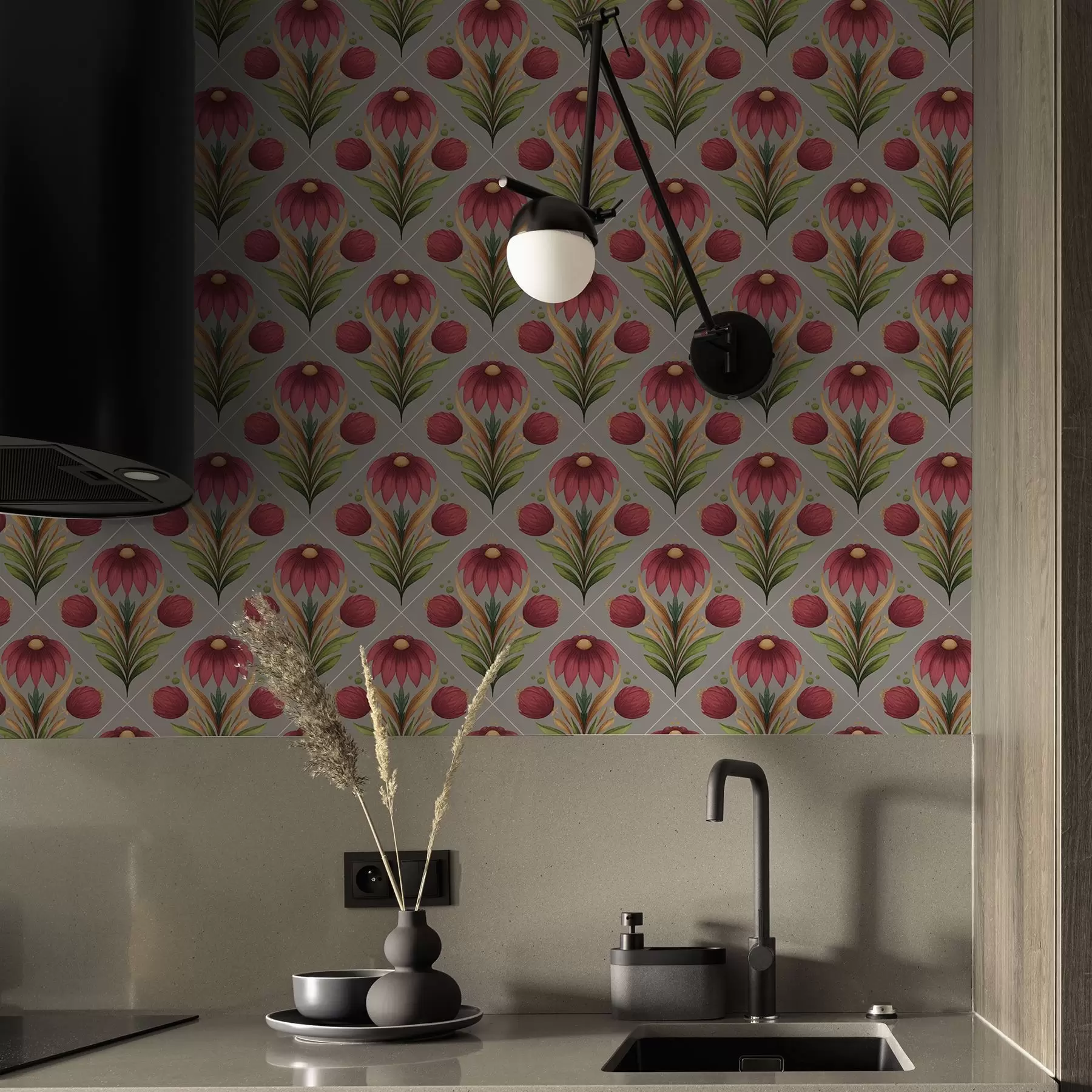 carta da parati Ornamento floreale simmetrico su sfondo grigio con diagonali nr. a00869