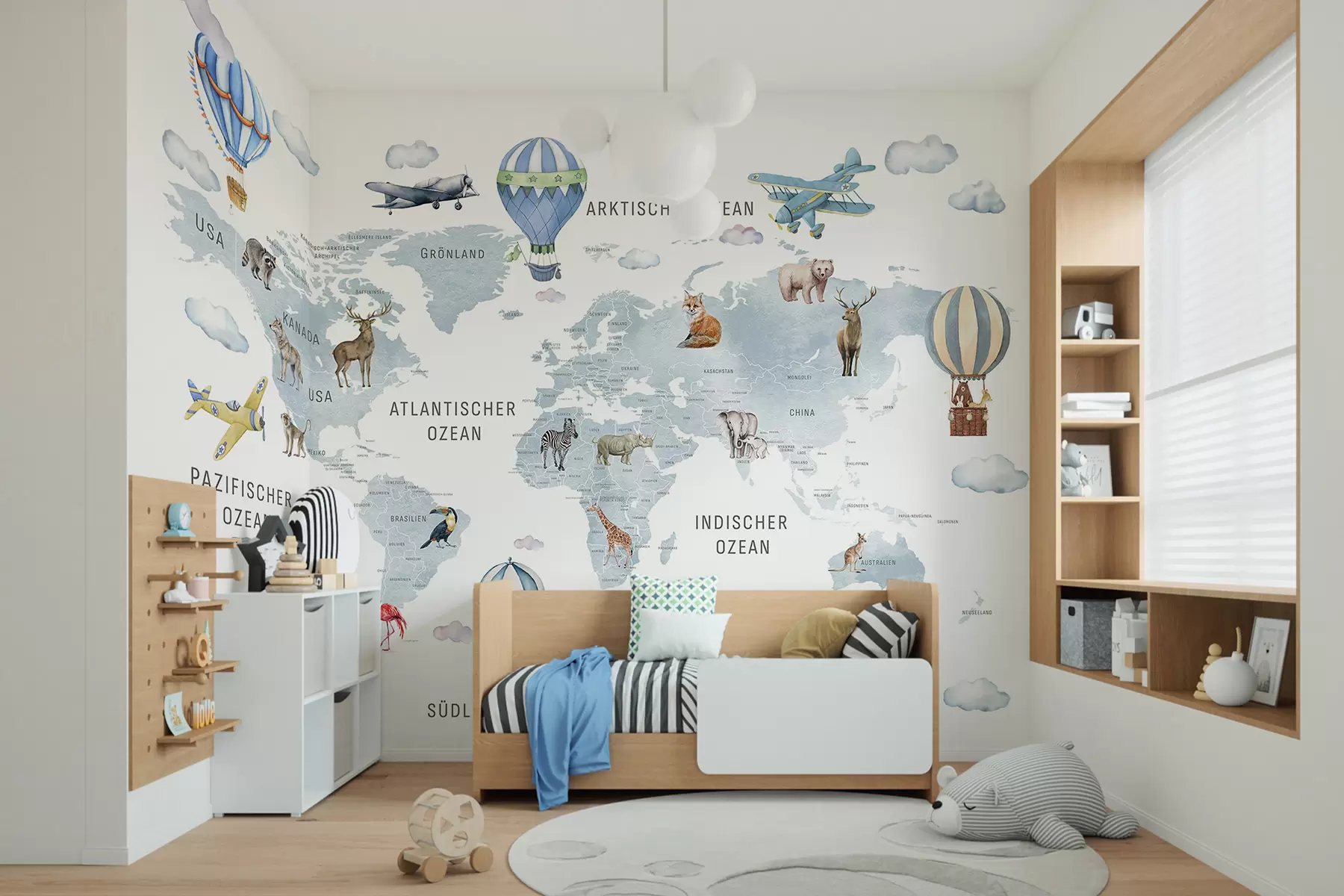 carta da parati Mappa in stile acquerello per bambini con animali e mongolfiere. Lingua tedesca. Colore blu. nr. c00001dev1