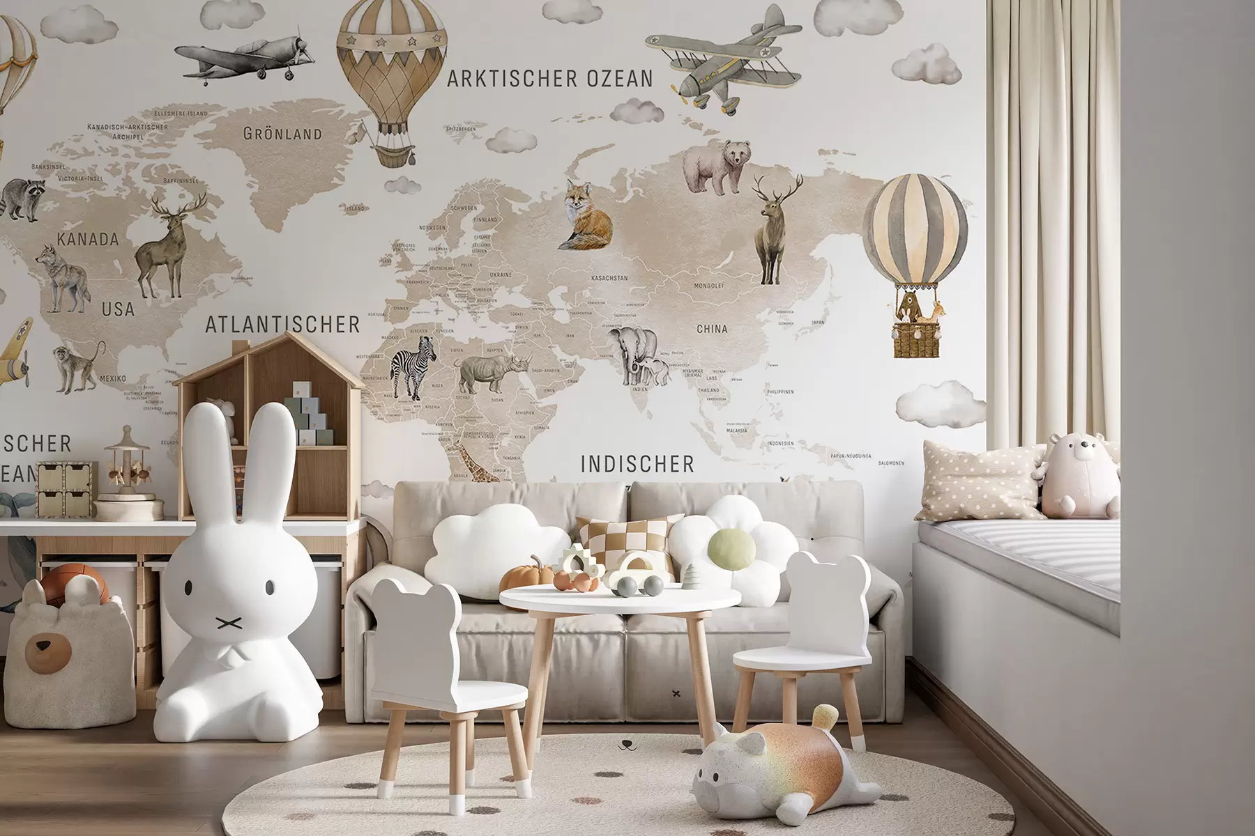 carta da parati Mappa in stile acquerello per bambini con animali e mongolfiere. Lingua tedesca. Colore beige. nr. c00001dev2