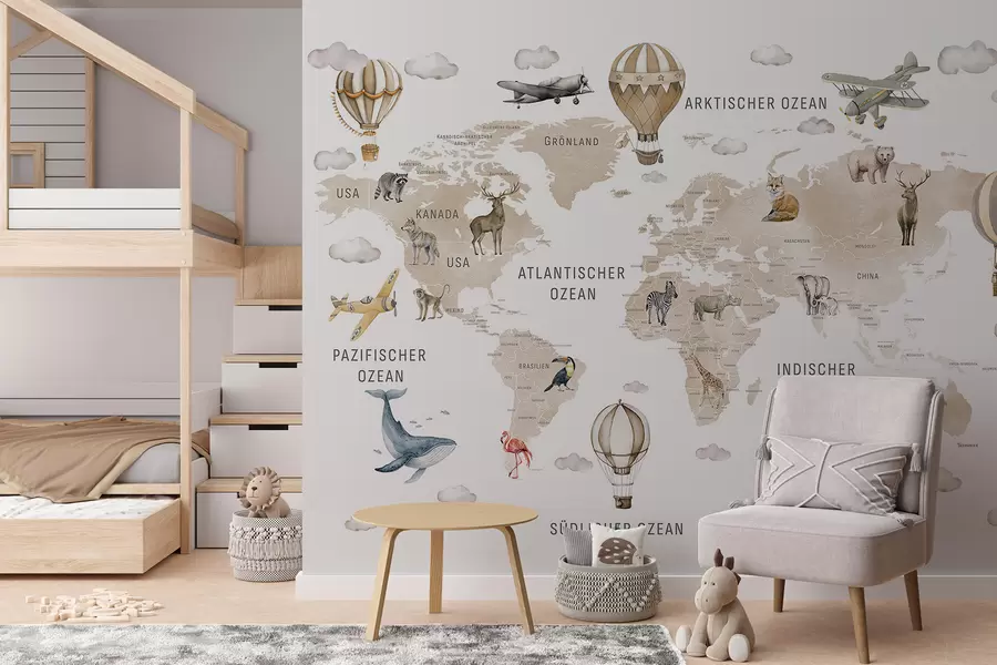 carta da parati Mappa in stile acquerello per bambini con animali e mongolfiere. Lingua tedesca. Colore beige. nr. c00001dev2