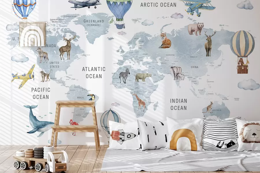 carta da parati Mappa per bambini in stile acquerello con animali e mongolfiere. Lingua inglese. Colore blu. nr. c00001env1