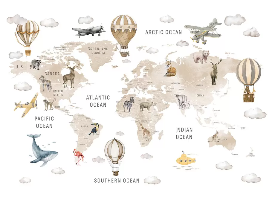carta da parati Mappa in stile acquerello per bambini con animali e mongolfiere. Lingua inglese. Colore beige. nr. c00001env2