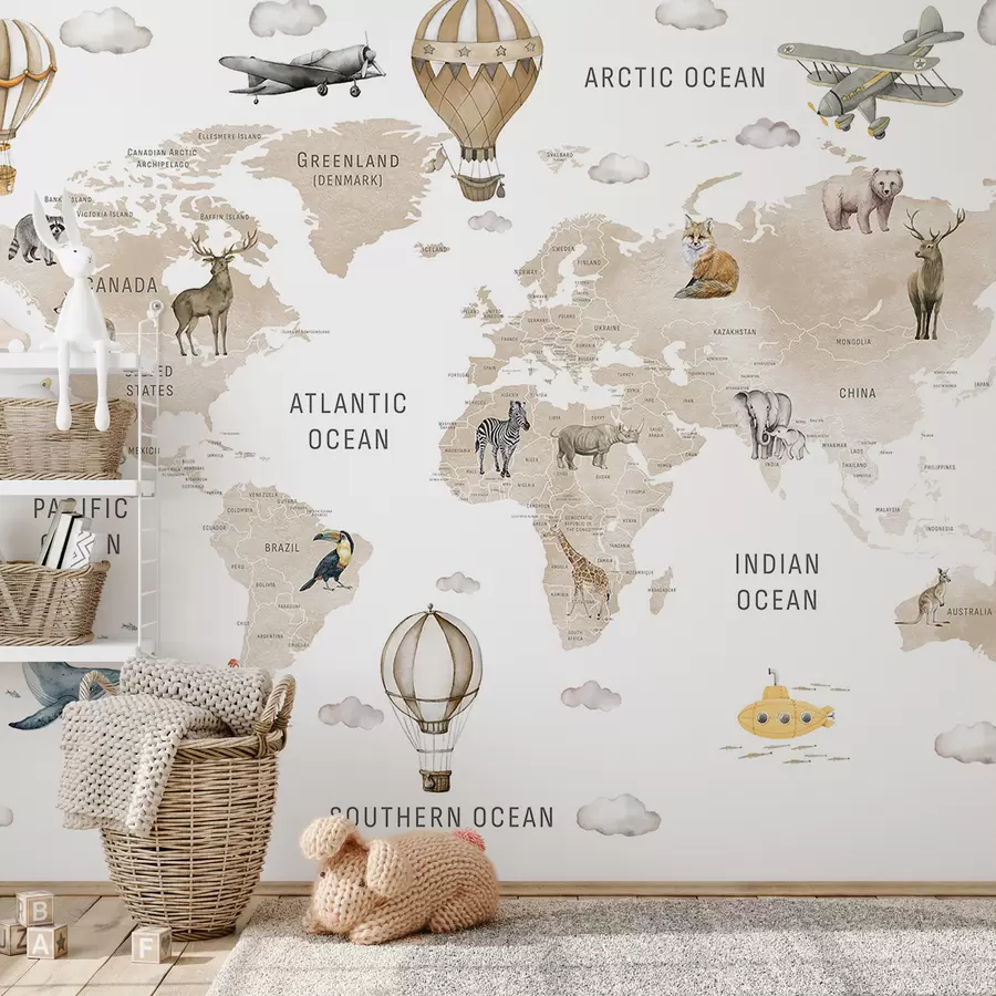 carta da parati Mappa per bambini in stile acquerello con animali e mongolfiere. Lingua inglese. Colore beige nr. c00001env2