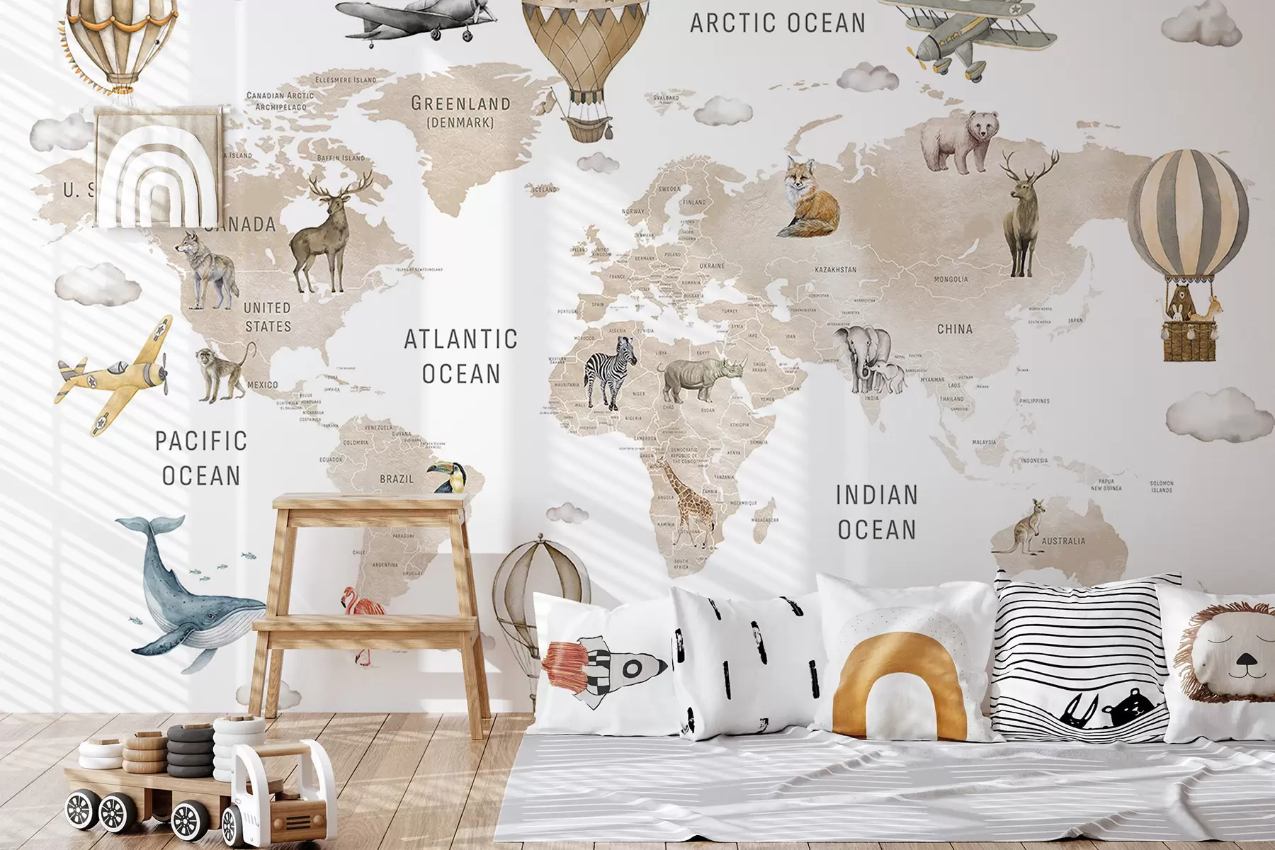carta da parati Mappa in stile acquerello per bambini con animali e mongolfiere. Lingua inglese. Colore beige. nr. c00001env2