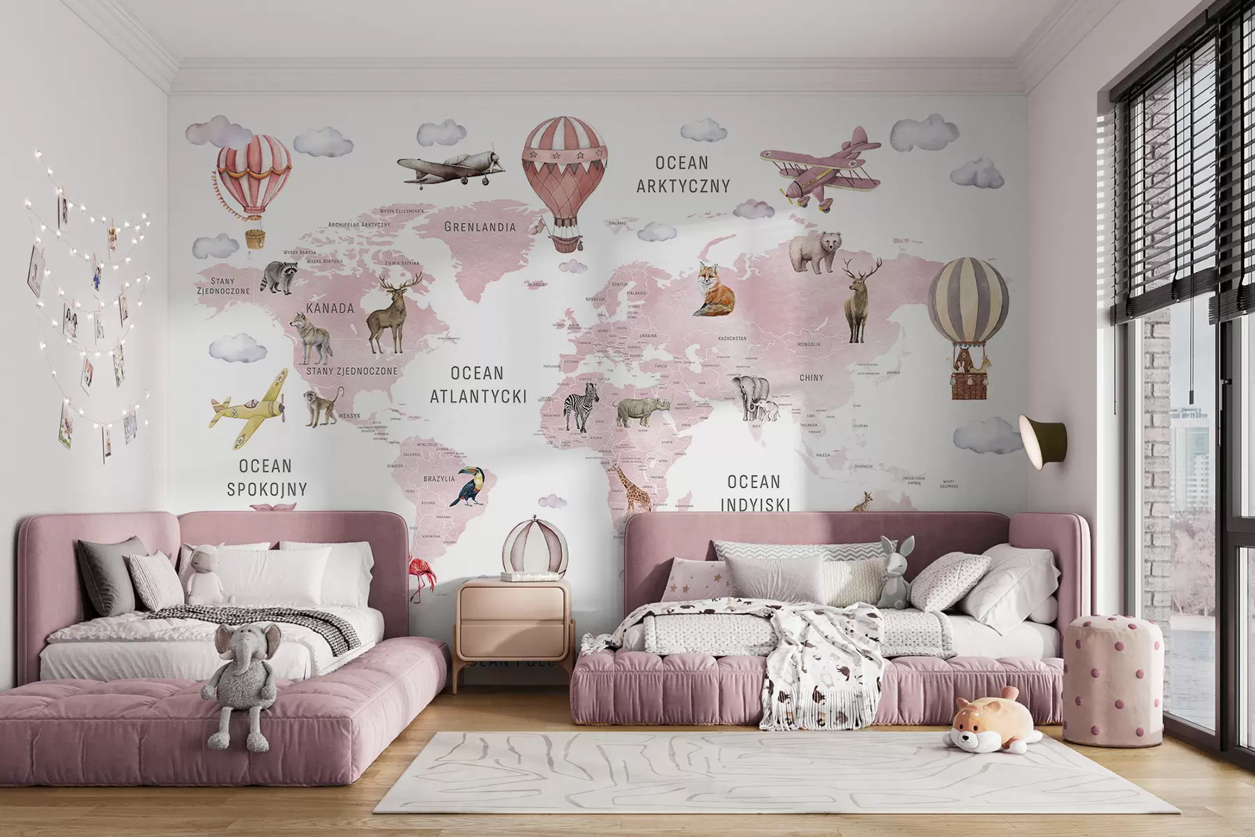 carta da parati Mappa in stile acquerello per bambini con animali e mongolfiere. Lingua polacca. Colore rosa. nr. c00001plv3