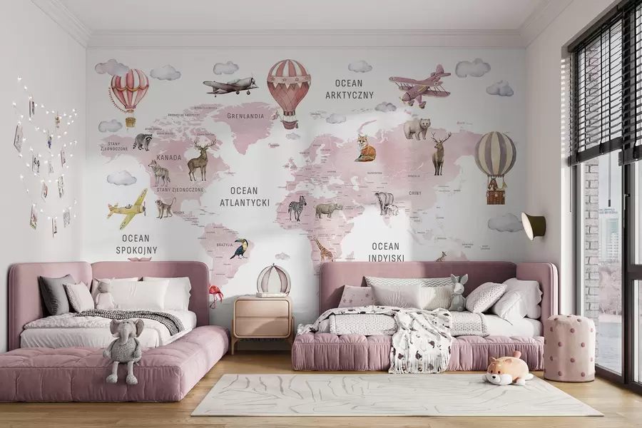 carta da parati Mappa per bambini in stile acquerello con animali e mongolfiere. Lingua polacca. Colore rosa. nr. c00001plv3