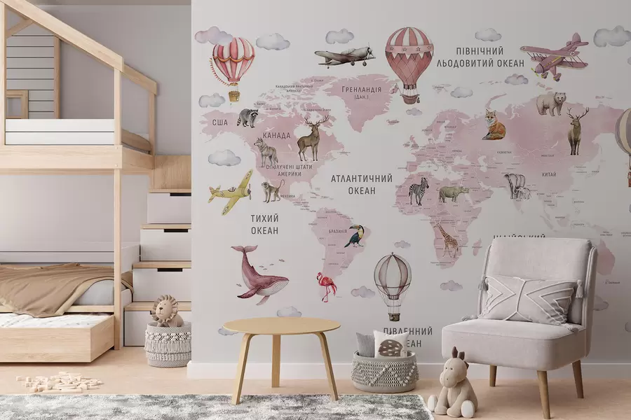 carta da parati Mappa in stile acquerello per bambini con animali e mongolfiere. Lingua: ucraino. Colore: rosa. nr. c00001ukv3