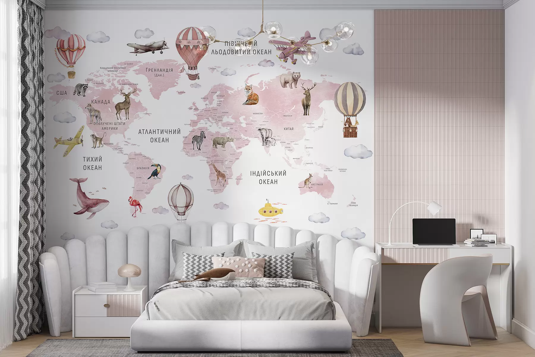 carta da parati Mappa in stile acquerello per bambini con animali e mongolfiere. Lingua: ucraino. Colore: rosa. nr. c00001ukv3