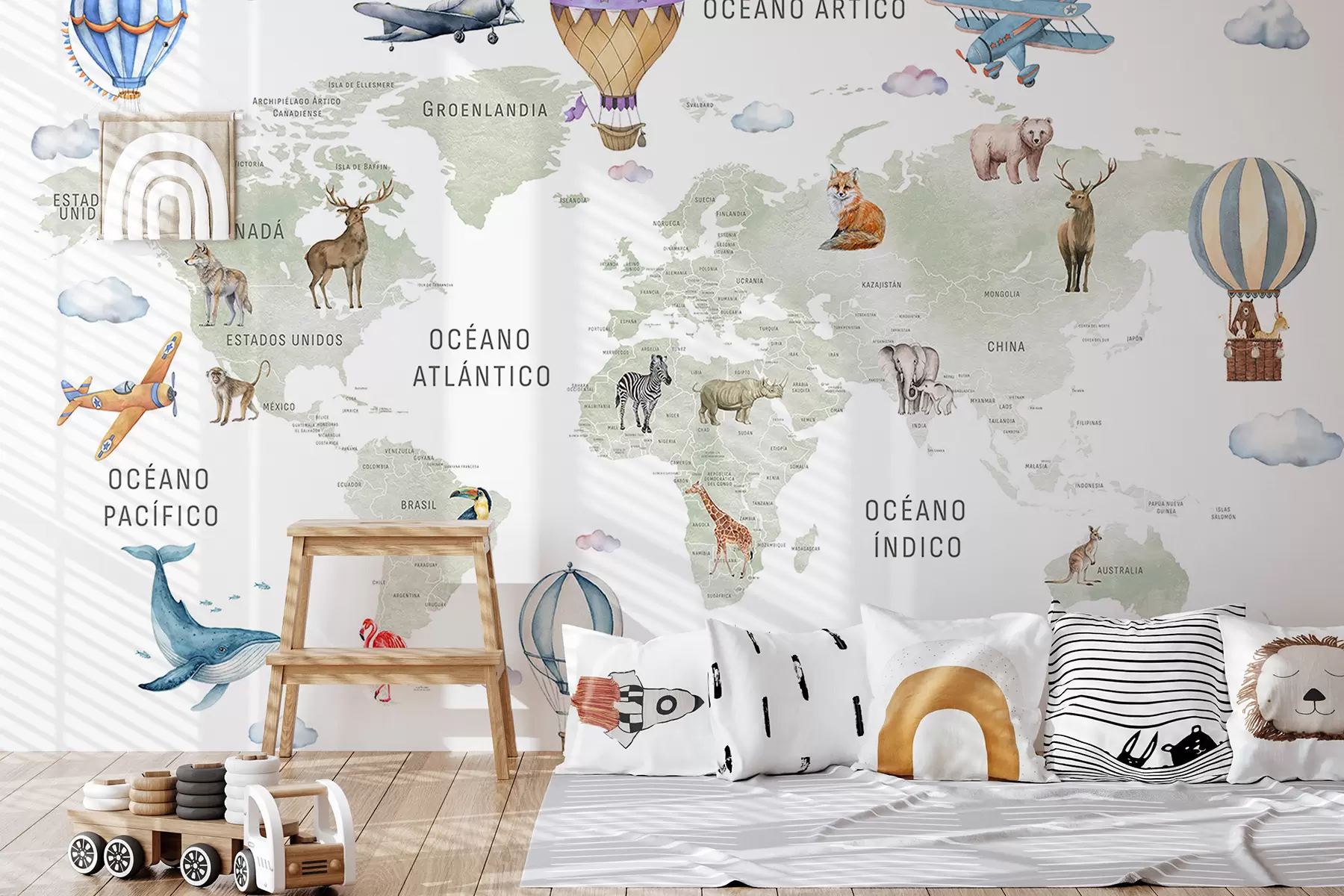 carta da parati Mappa in stile acquerello per bambini con animali e mongolfiere. Lingua: spagnolo. Colore verde. nr. c00001es