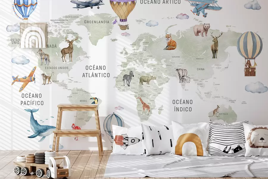 carta da parati Mappa per bambini in stile acquerello con animali e mongolfiere. Lingua spagnola. Colore verde. nr. c00001es
