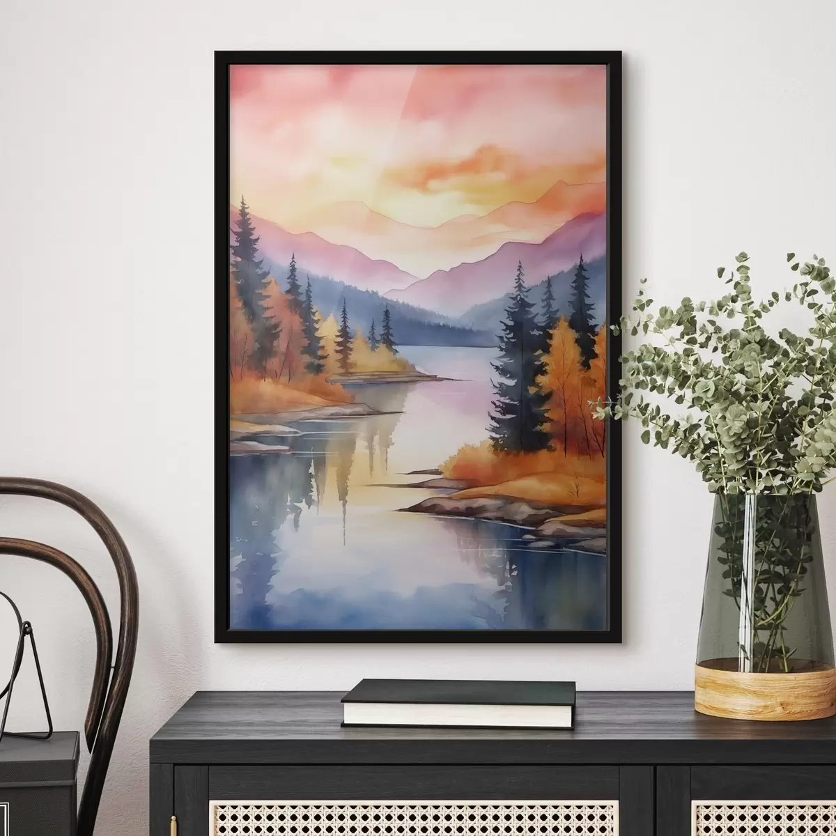 Poster Paesaggio autunnale in riva al lago con cielo luminoso f46155