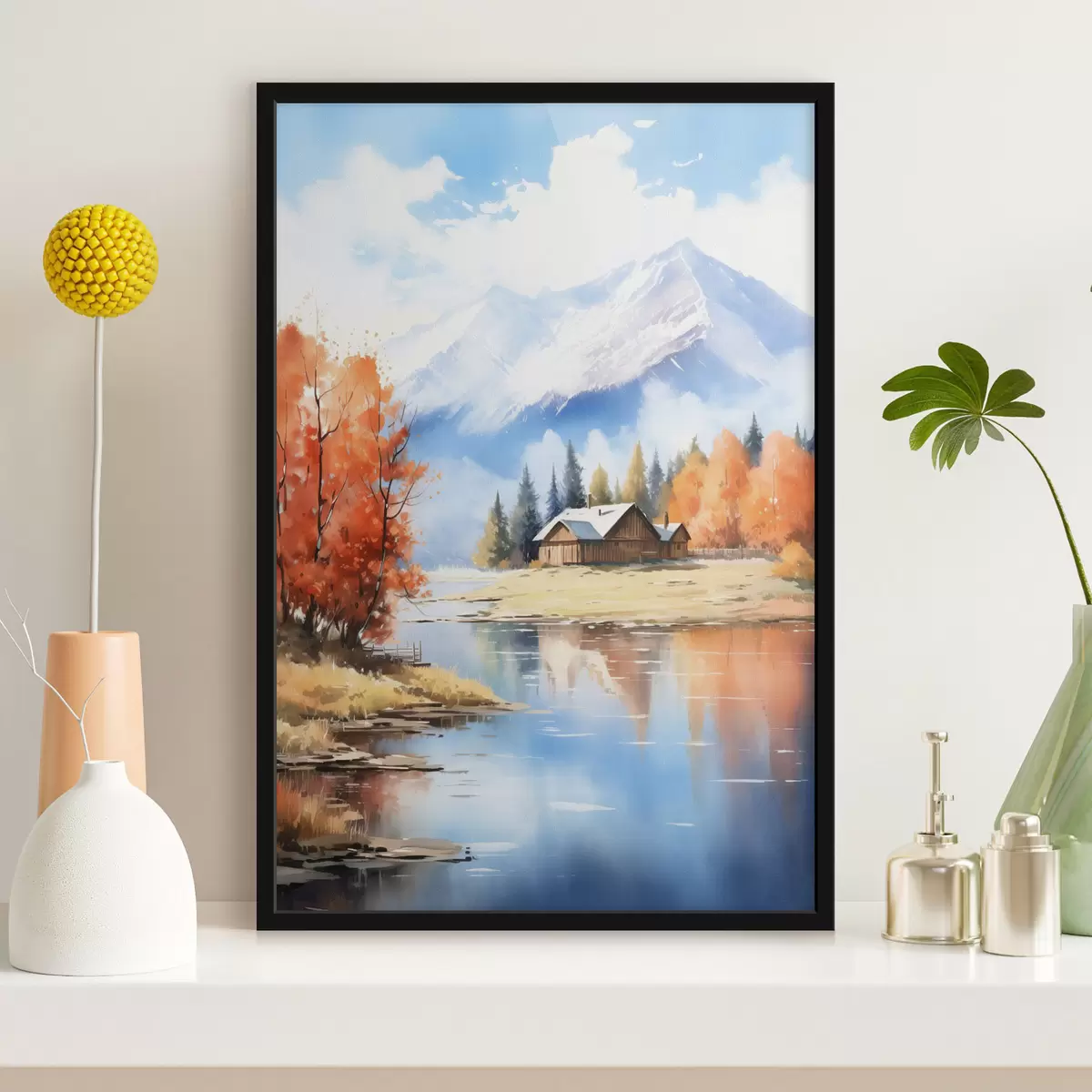 Poster Paesaggio autunnale in riva al lago con una casa e le montagne f46184