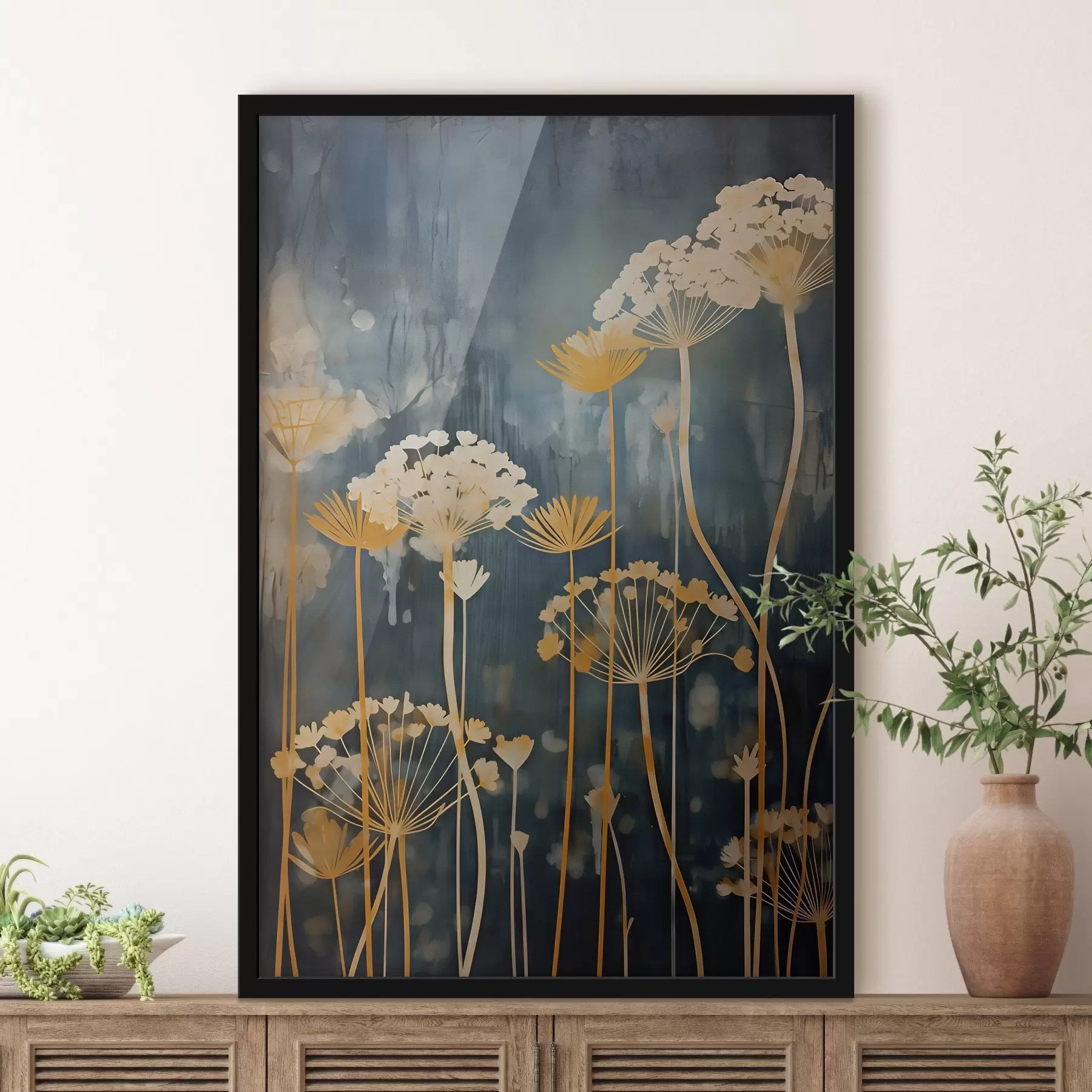 carta da parati Fiori stilizzati con steli sottili su sfondo scuro nr. f46188