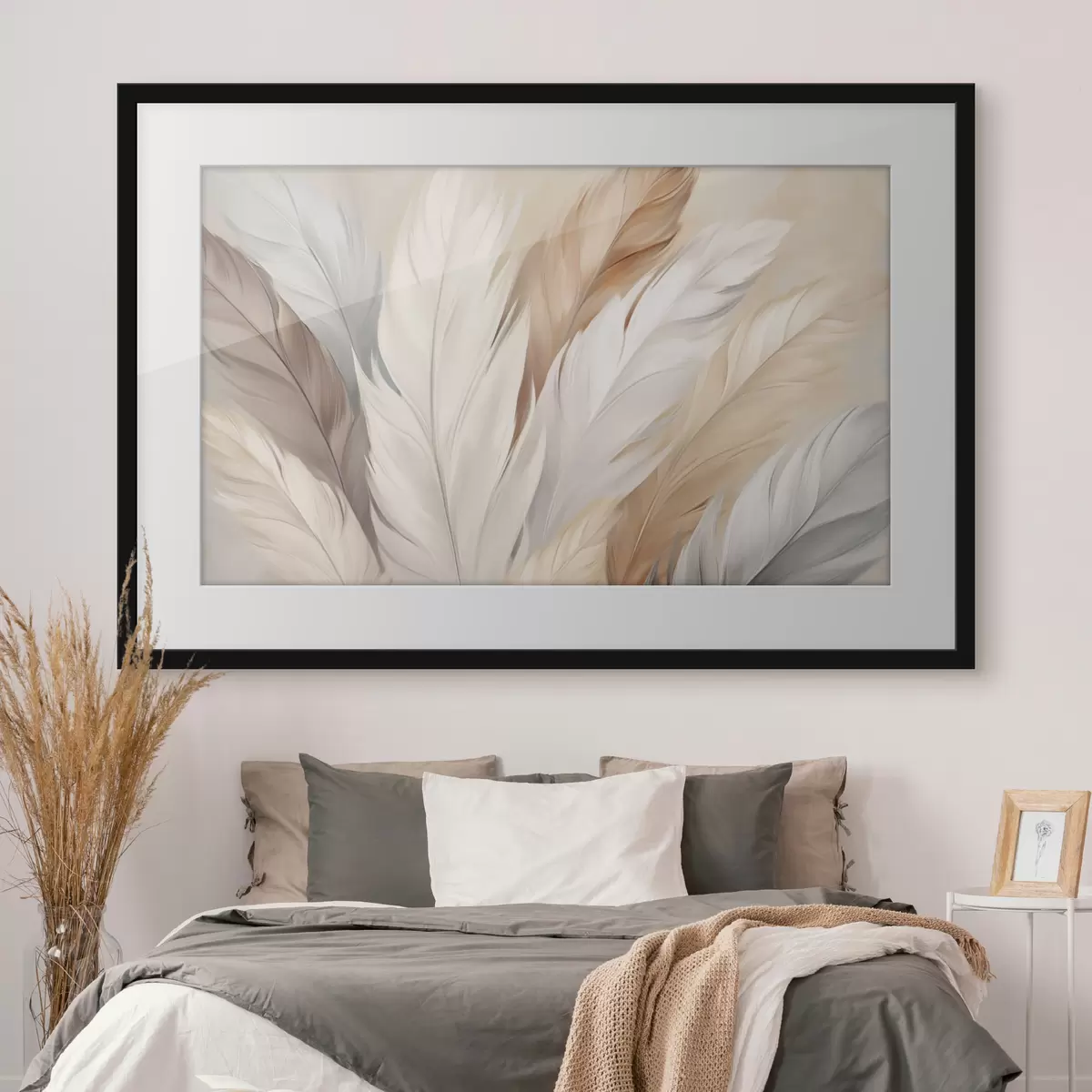 Poster Morbide piume nei toni del beige e del grigio f46190