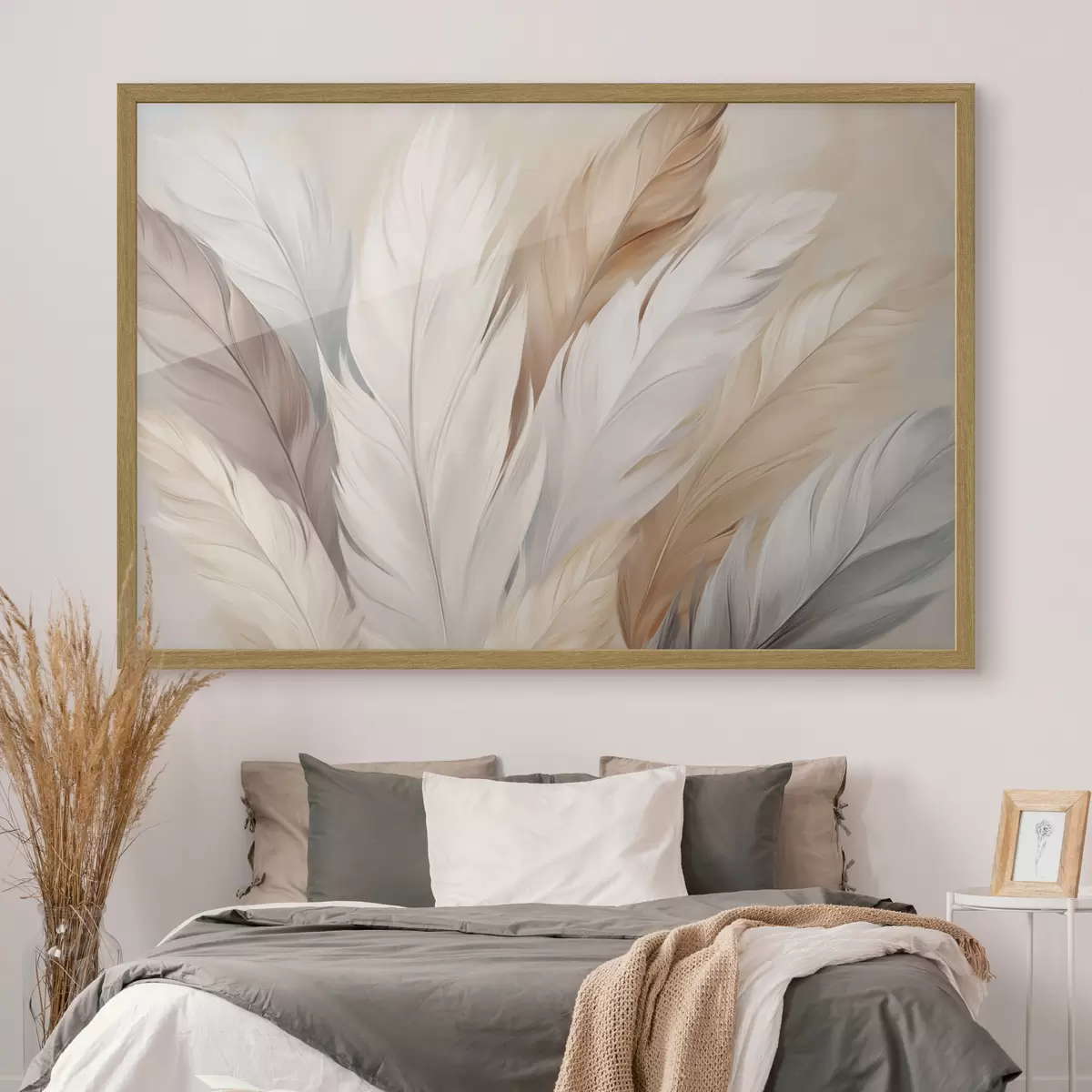Poster Morbide piume nei toni del beige e del grigio f46190