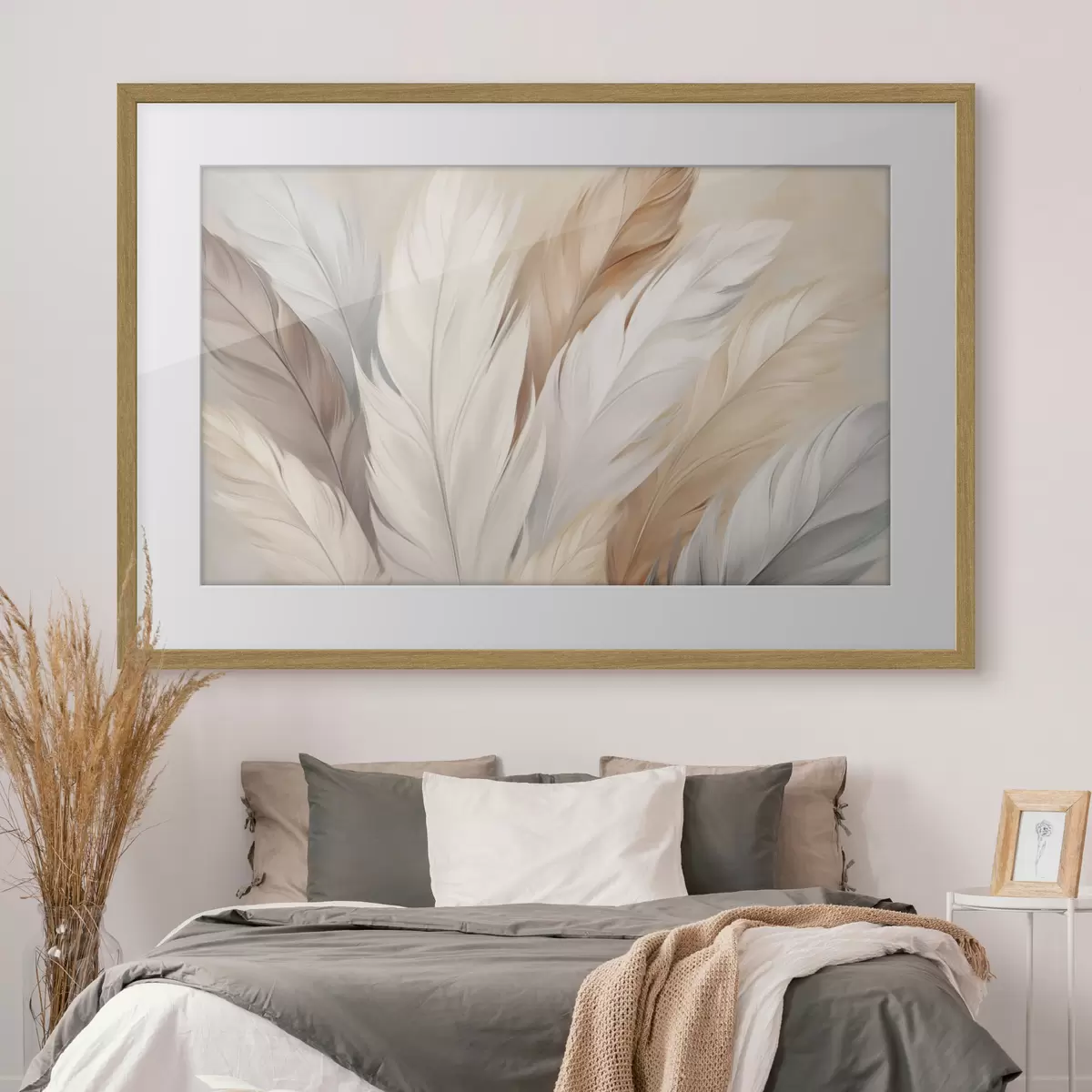 Poster Morbide piume nei toni del beige e del grigio f46190