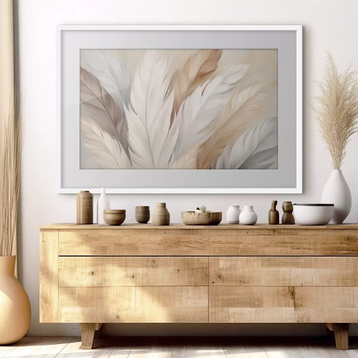 Poster Morbide piume nei toni del beige e del grigio f46190