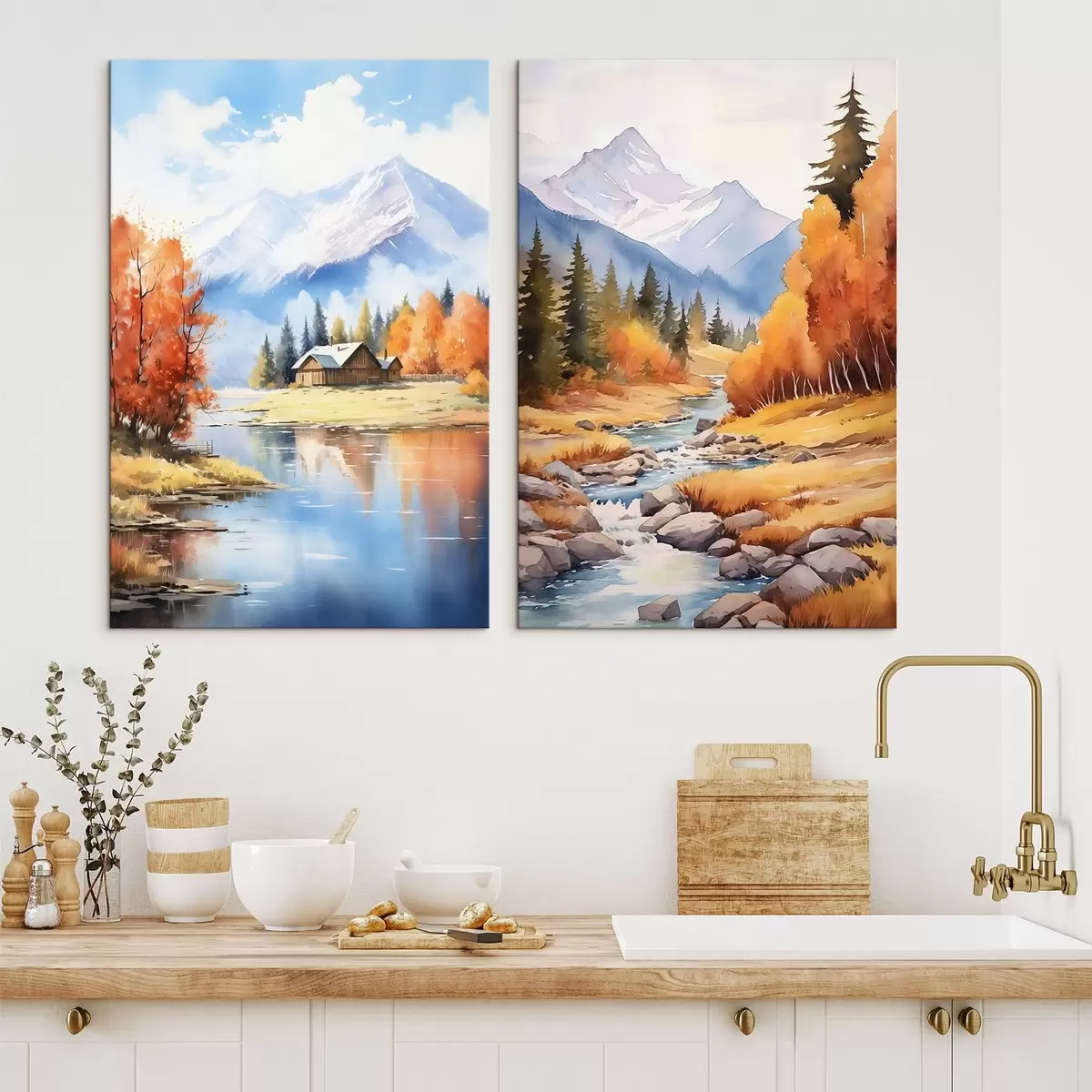 carta da parati Paesaggio montano autunnale con lago e fiume nr. m00929