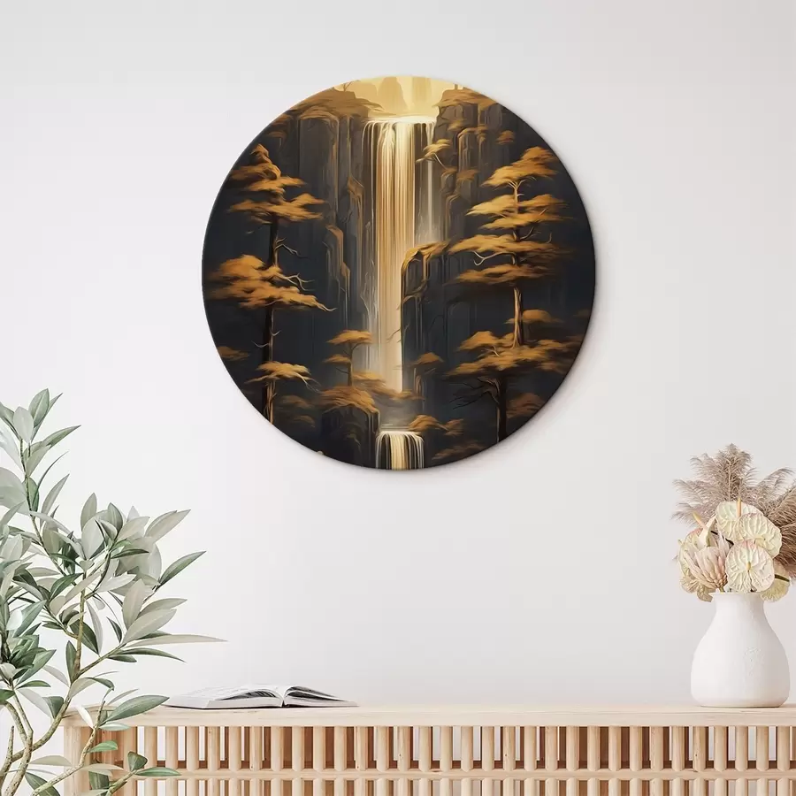 carta da parati Alte scogliere con una cascata e pini nella luce della sera nr. r46151