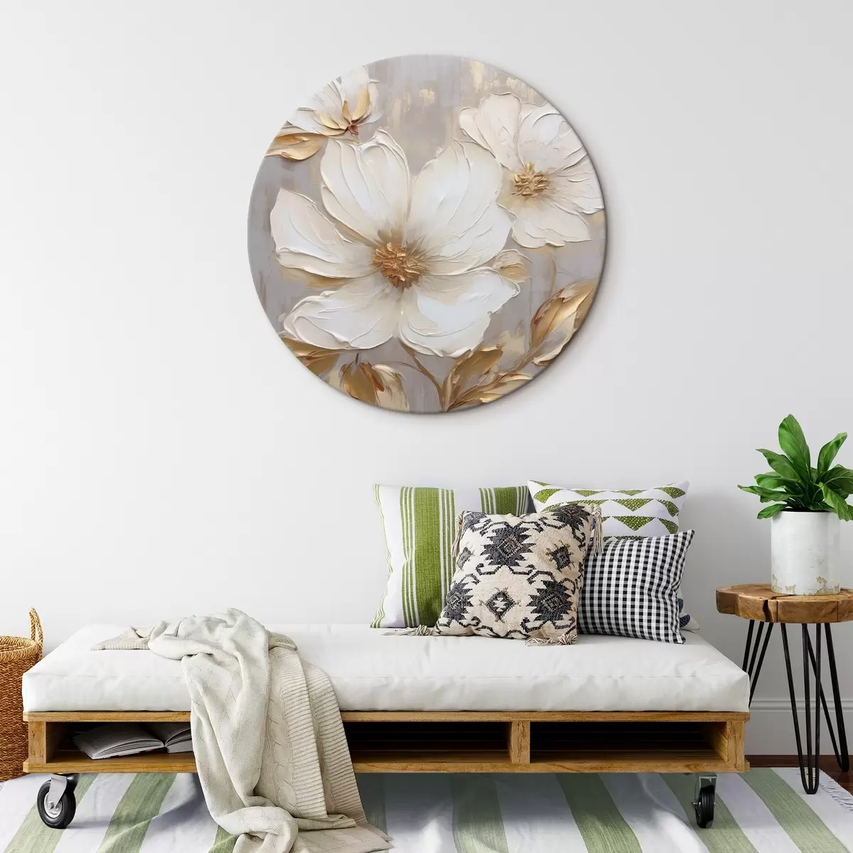 Quadri rotondi Grandi fiori materici con pennellate in una palette di colori caldi r46176