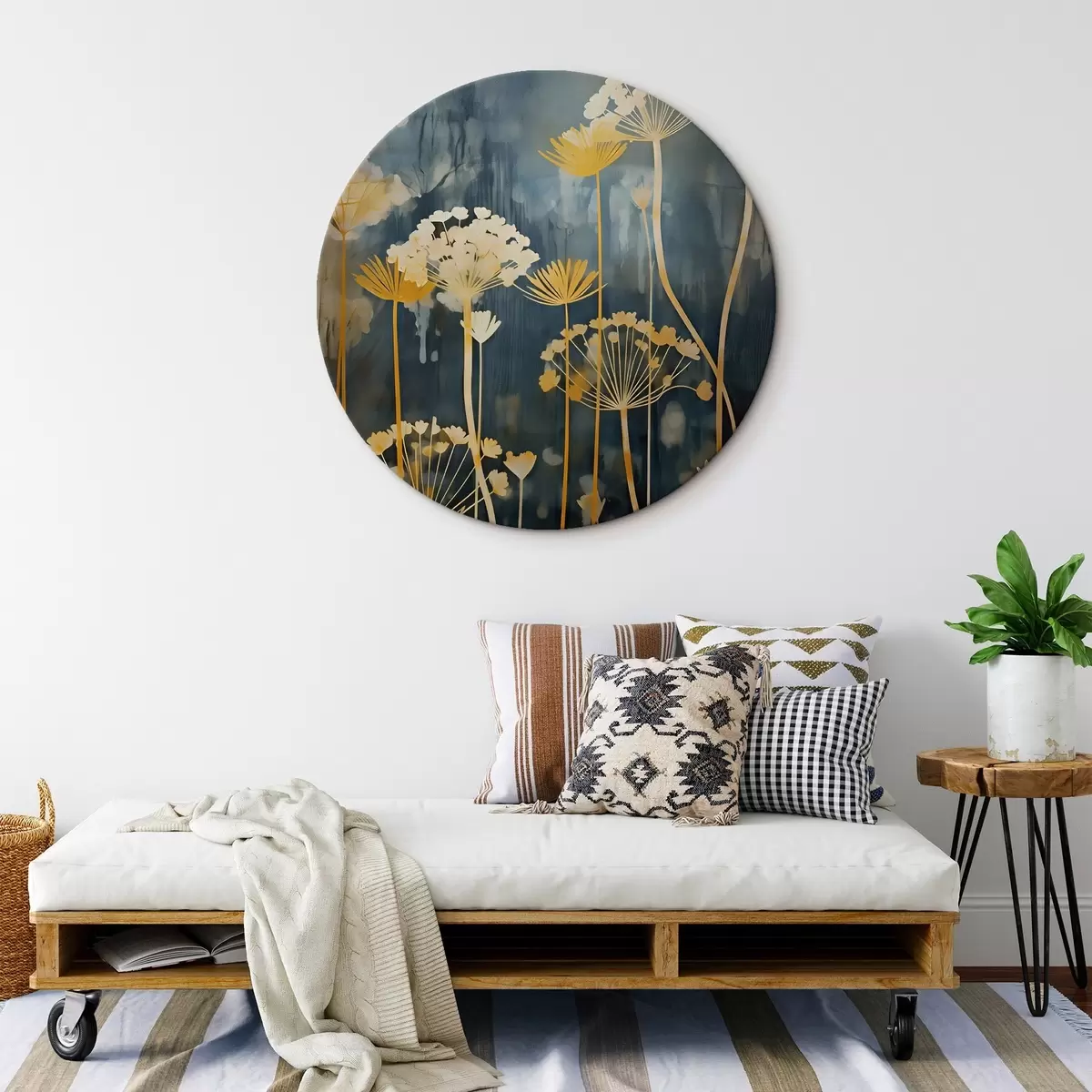 Quadri rotondi Fiori stilizzati con steli sottili su sfondo scuro r46188