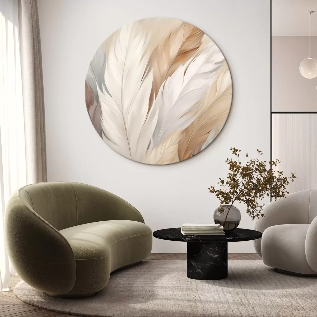 Quadri rotondi Morbide piume nei toni del beige e del grigio r46190