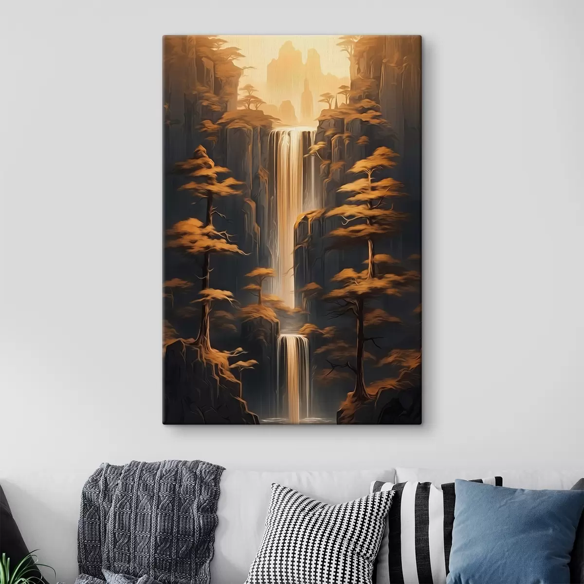 carta da parati Alte scogliere con una cascata e pini nella luce della sera nr. s46151