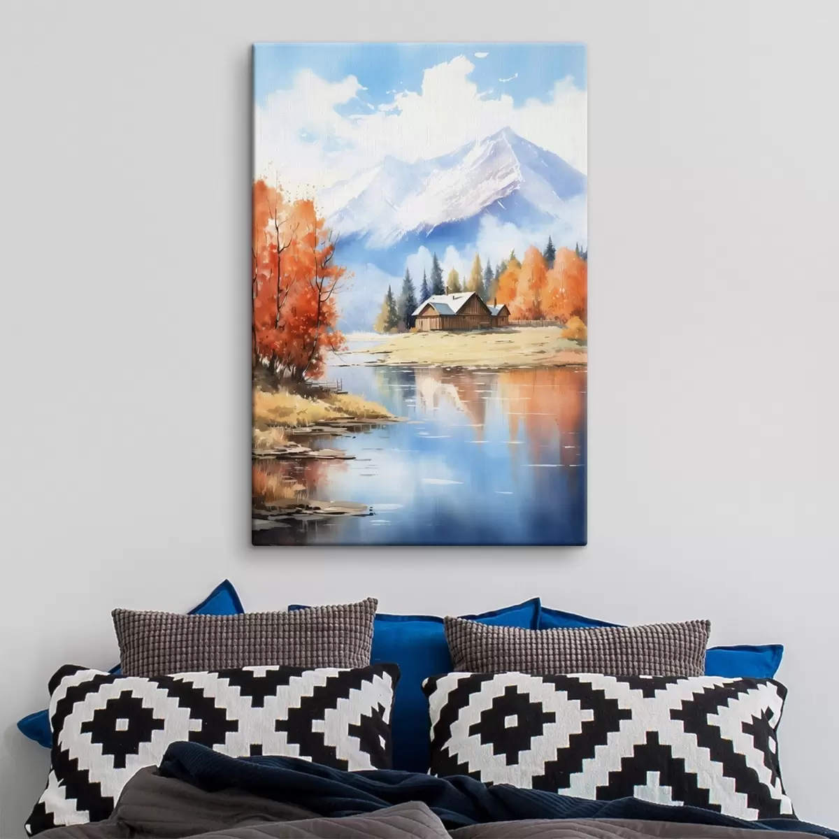 carta da parati Paesaggio autunnale in riva al lago con una casa e le montagne nr. s46184