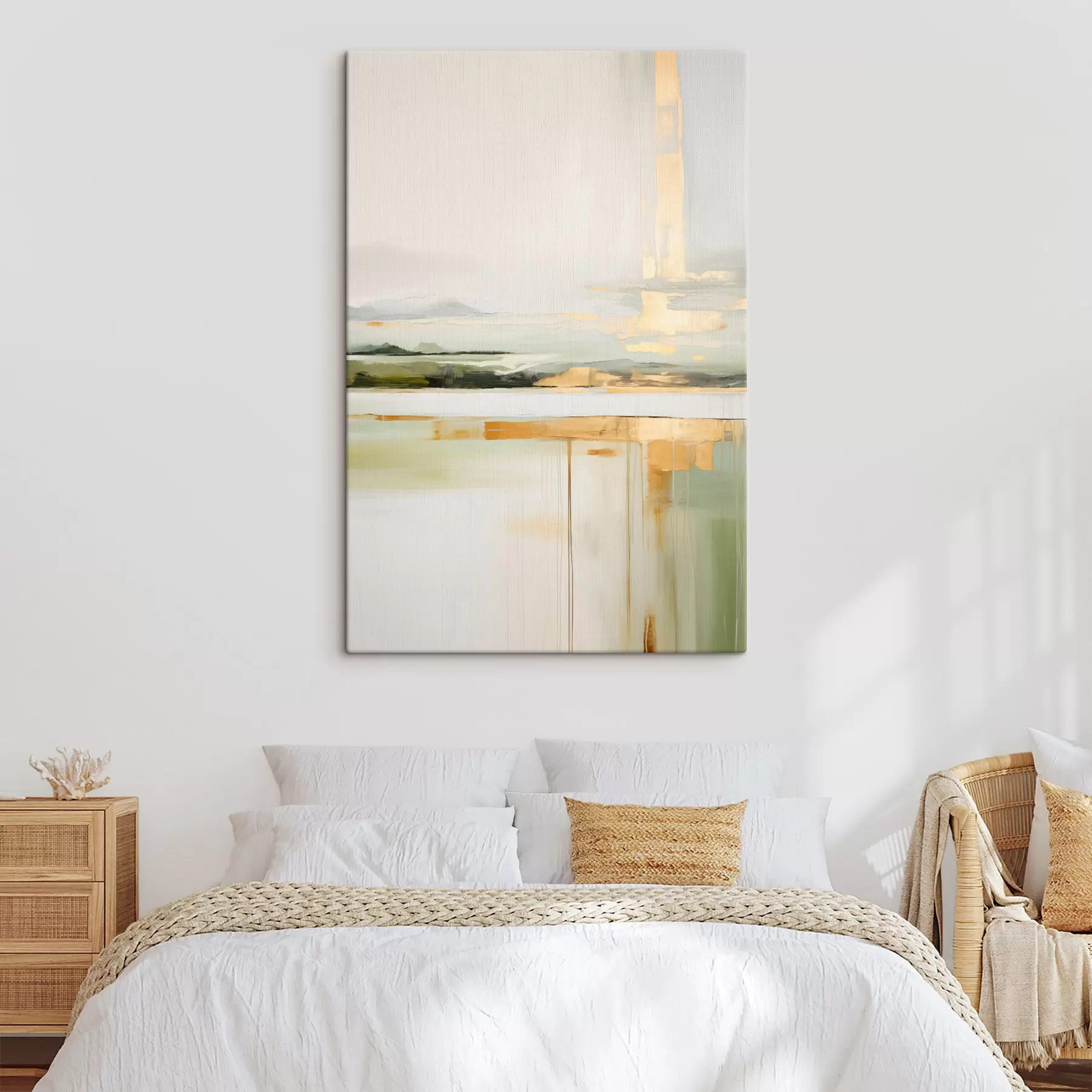 carta da parati Paesaggio astratto con accenti gialli, una composizione minimalista di terra, acqua e cielo, con colori tenui nr. s46268