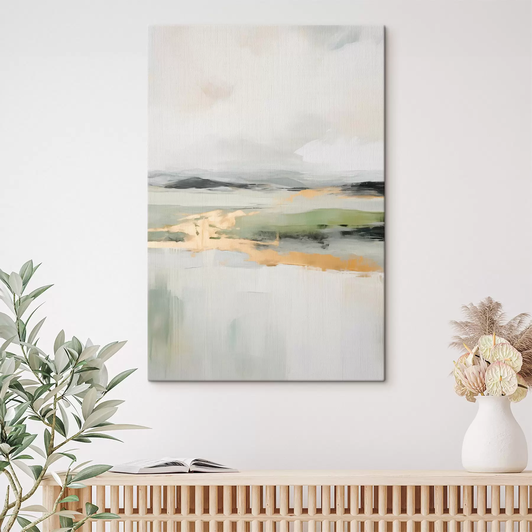 carta da parati Paesaggio astratto con accenti gialli, una composizione minimalista di terra, acqua e cielo, con colori tenui nr. s46269