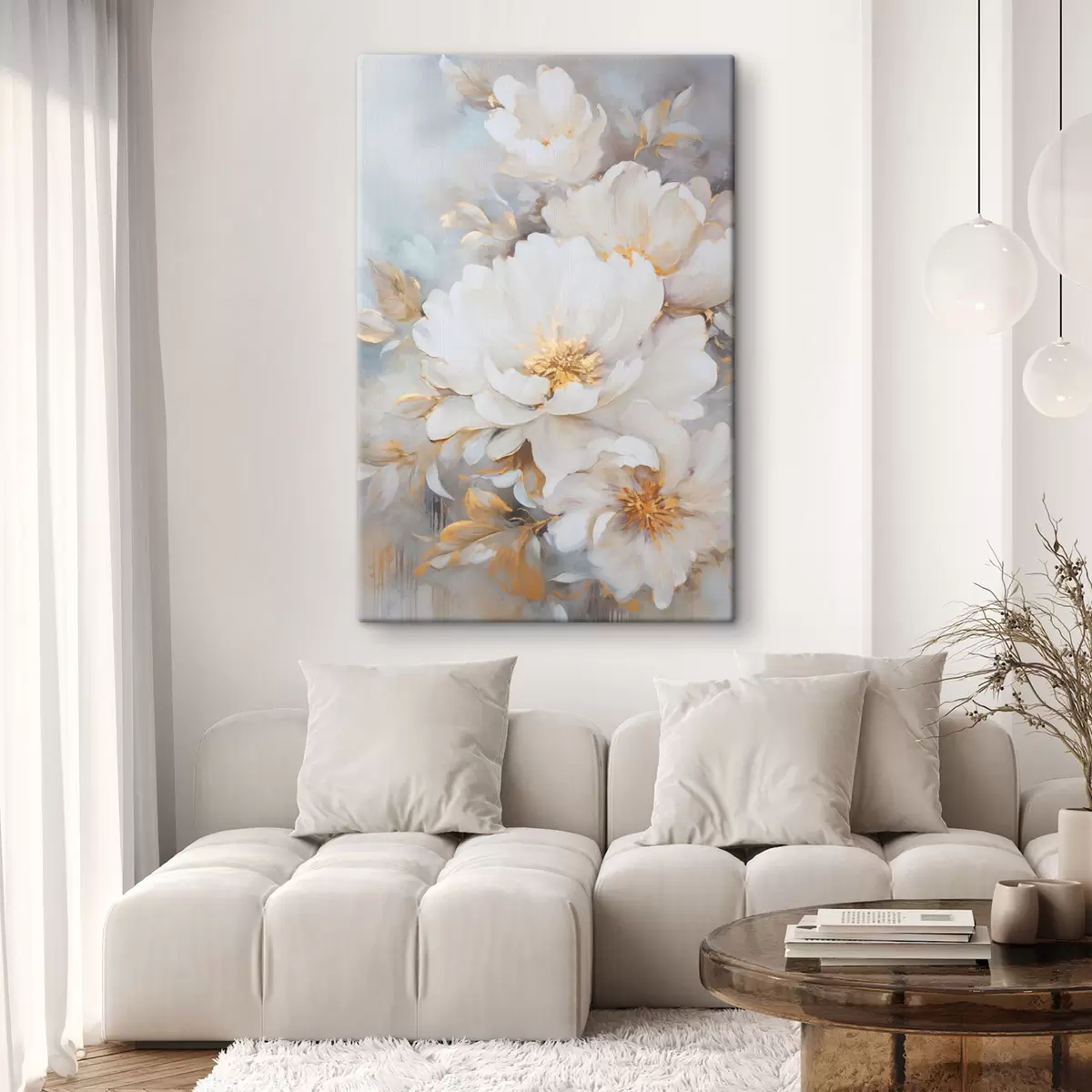 carta da parati Peonie bianche con centro e foglie gialle, pennellate morbide, sfondo azzurro, composizione floreale nr. s46271