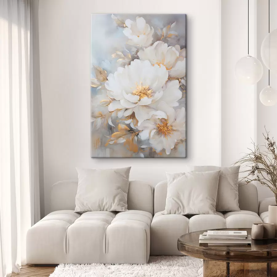 carta da parati Peonie bianche con centro e foglie gialle, pennellate morbide, sfondo azzurro, composizione floreale nr. s46271