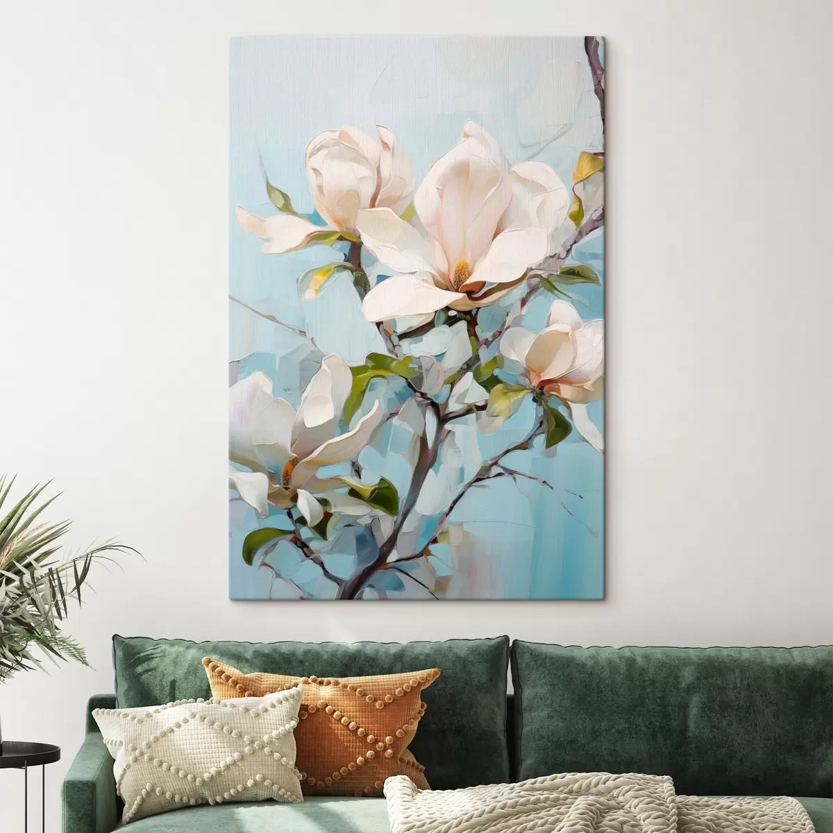 carta da parati Fiori di magnolia bianchi, sfondo azzurro con pennellate morbide, stile pittura a olio, texture impastata nr. s46277