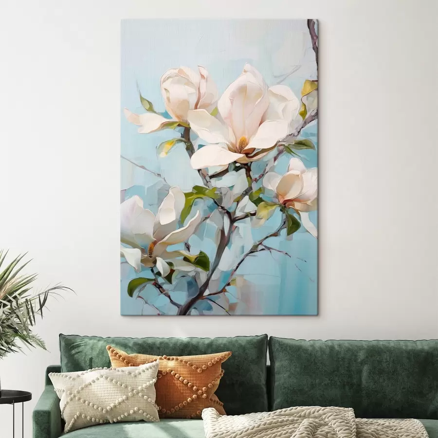 carta da parati Fiori di magnolia bianchi, sfondo azzurro con pennellate morbide, stile pittura a olio, texture impastata nr. s46277