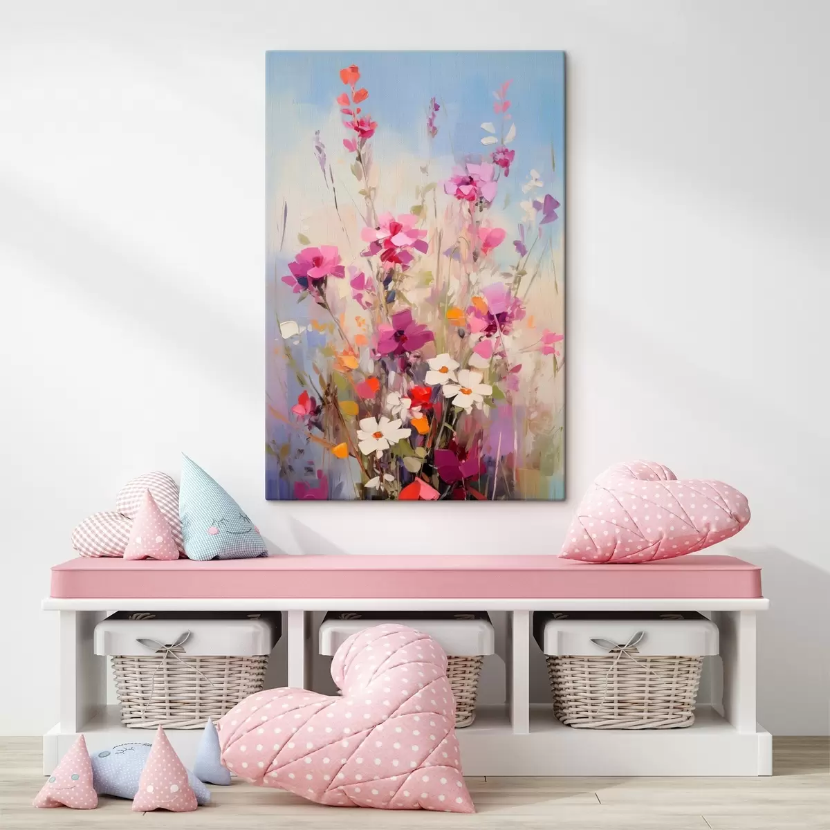 carta da parati Fiori dai vivaci colori rosa, bianco e verde su uno sfondo tenue dai toni pastello nr. s46278