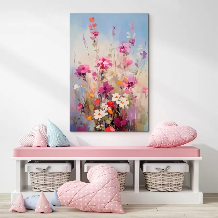 carta da parati Fiori dai vivaci colori rosa, bianco e verde su uno sfondo tenue dai toni pastello nr. s46278