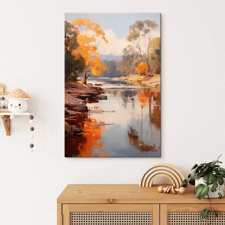 carta da parati Paesaggio autunnale, fiume con alberi sulla riva, foresta sullo sfondo, riflessi sull'acqua nr. s46280