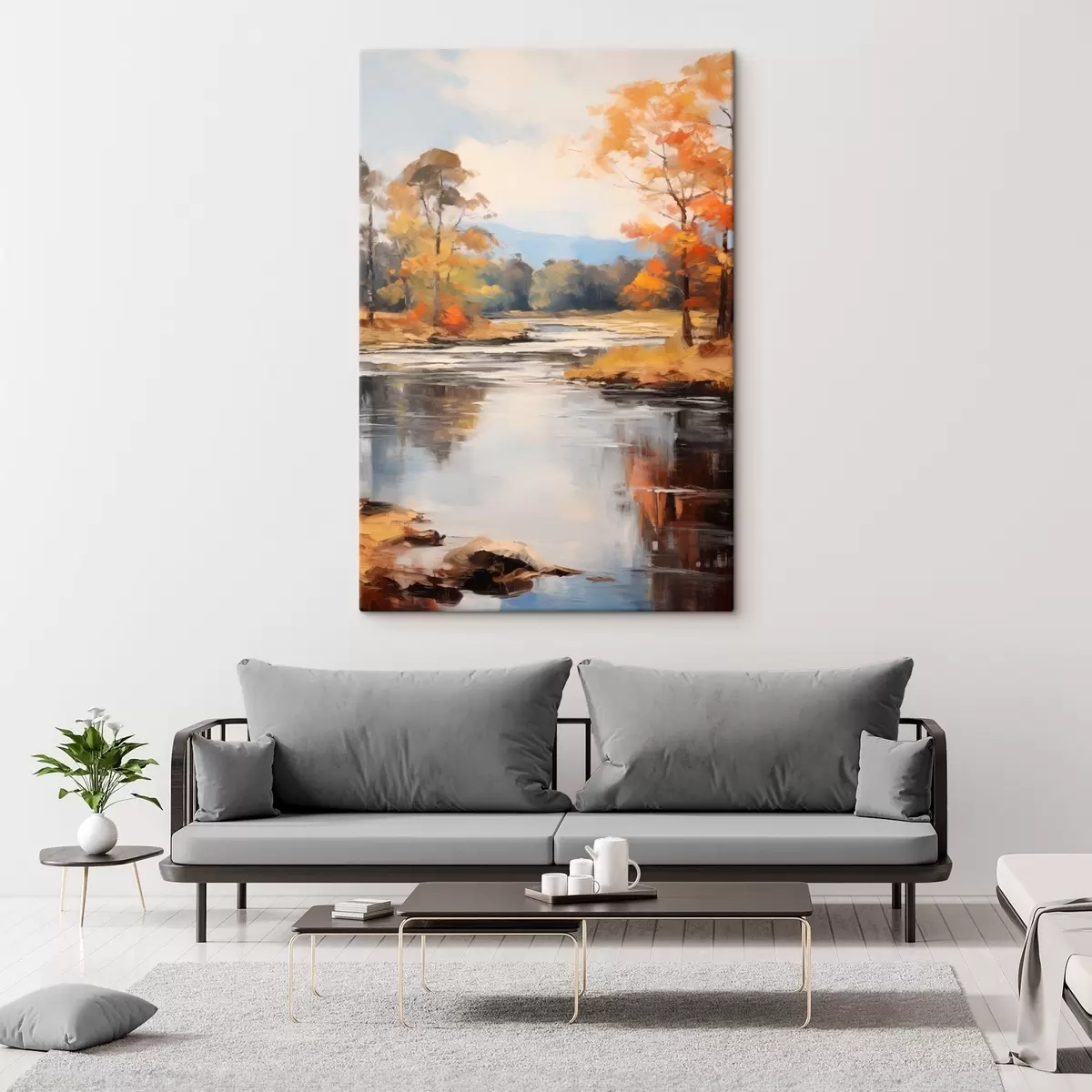 carta da parati Paesaggio con un fiume che scorre attraverso una foresta in autunno, alberi gialli e arancioni, stile pittorico nr. s46281